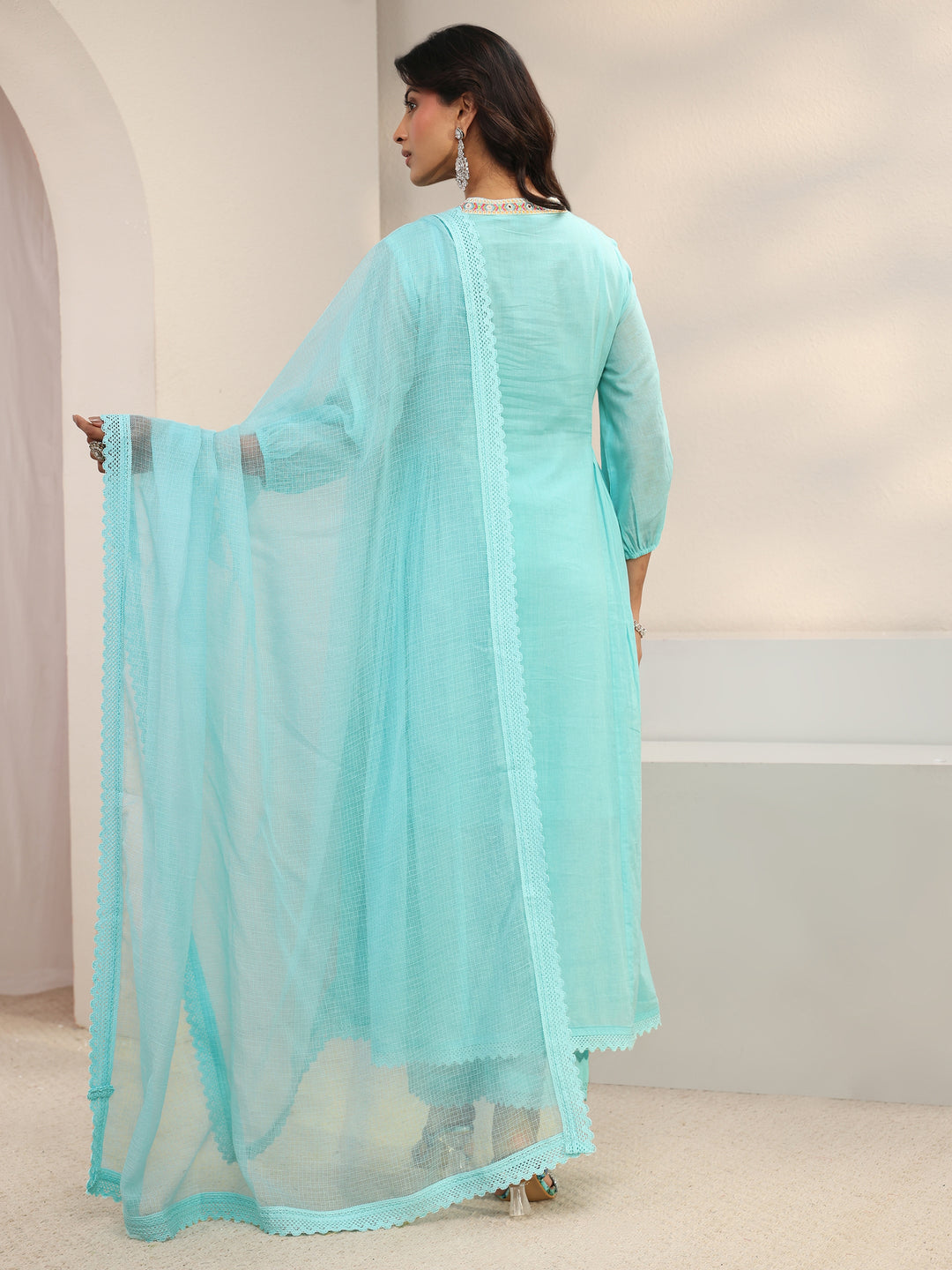  Blue Floral Embroidered Cotton Blend A-Line Suit Set With Dupatta 