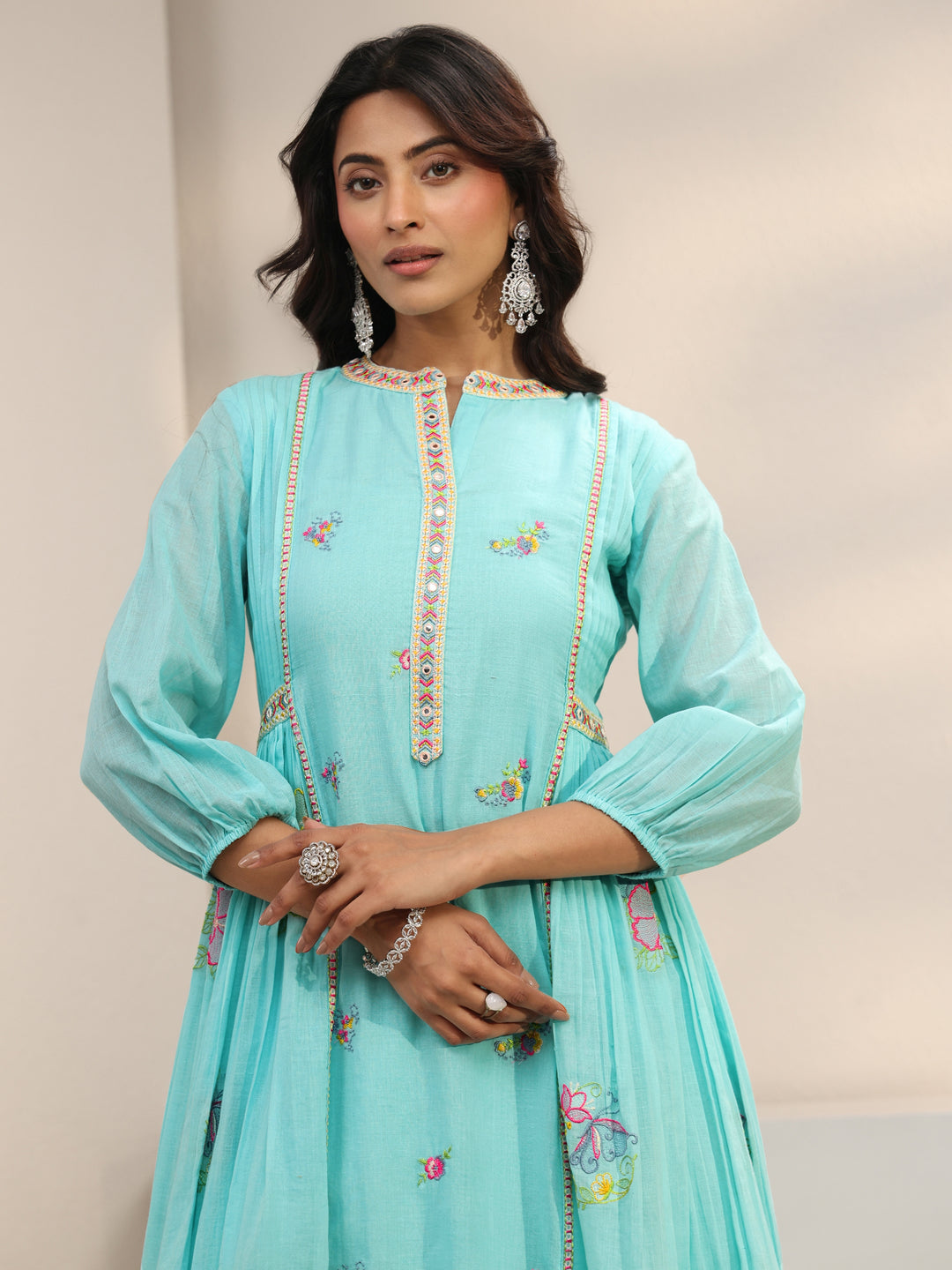  Blue Floral Embroidered Cotton Blend A-Line Suit Set With Dupatta 