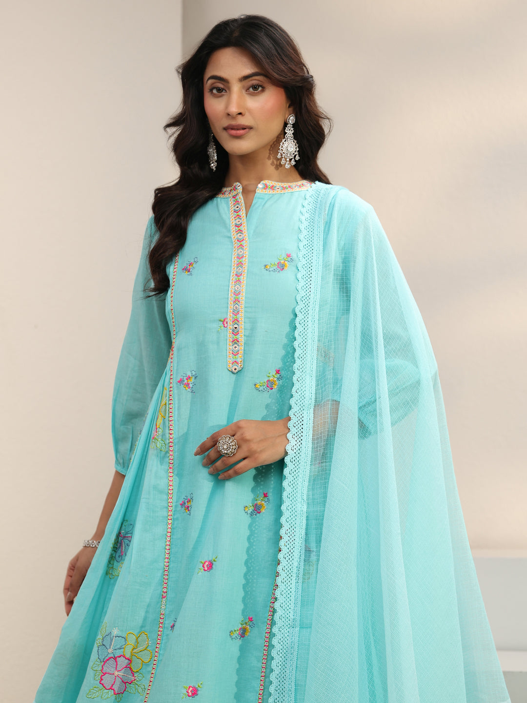  Blue Floral Embroidered Cotton Blend A-Line Suit Set With Dupatta 