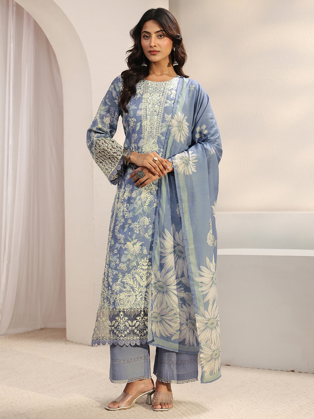  Blue Floral Embroidered Cotton Blend Straight Suit Set With Dupatta 