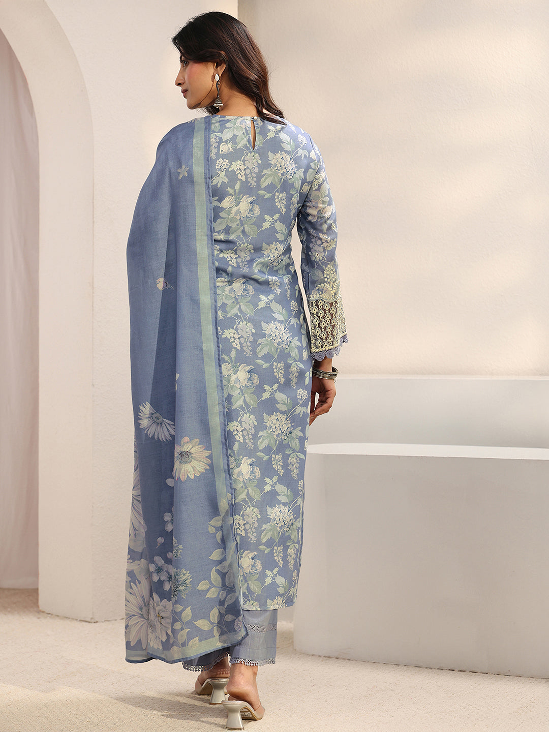  Blue Floral Embroidered Cotton Blend Straight Suit Set With Dupatta 