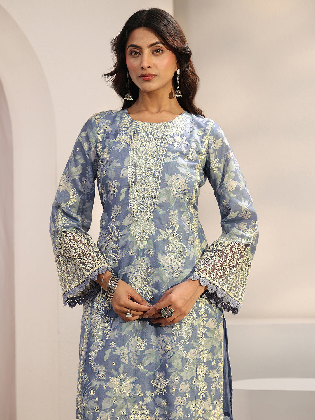  Blue Floral Embroidered Cotton Blend Straight Suit Set With Dupatta 