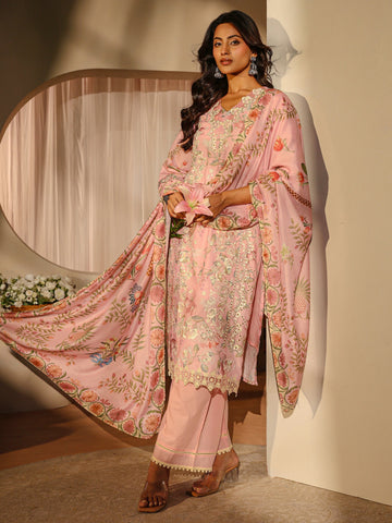 Libas Pink Floral Printed Cotton Blend Straight Suit Set