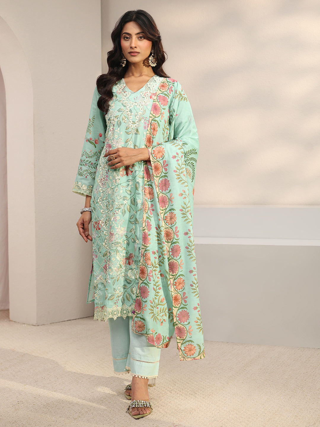  Green Floral Embroidered Cotton Blend Straight Suit Set With Dupatta 