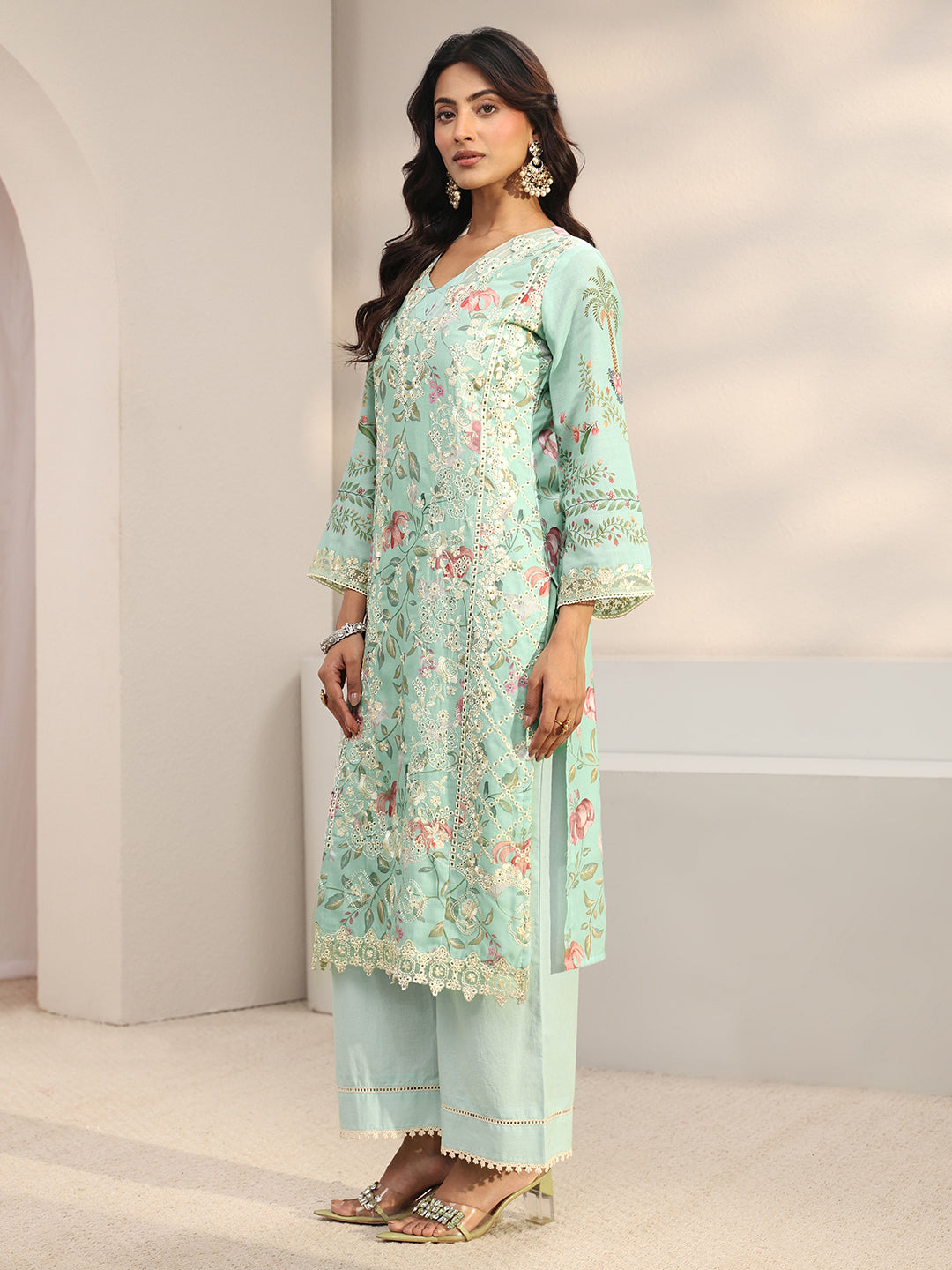  Green Floral Embroidered Cotton Blend Straight Suit Set With Dupatta 