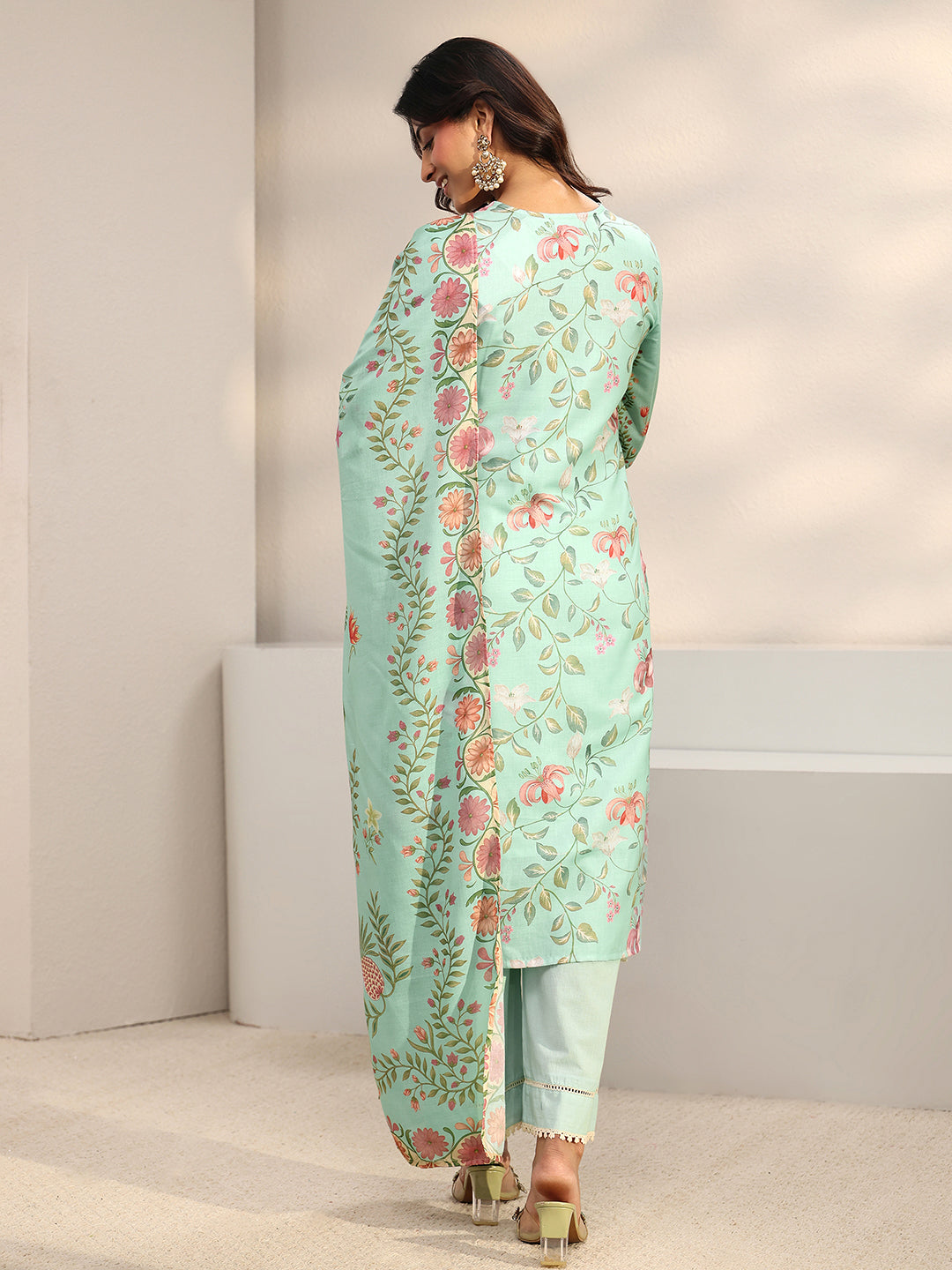  Green Floral Embroidered Cotton Blend Straight Suit Set With Dupatta 