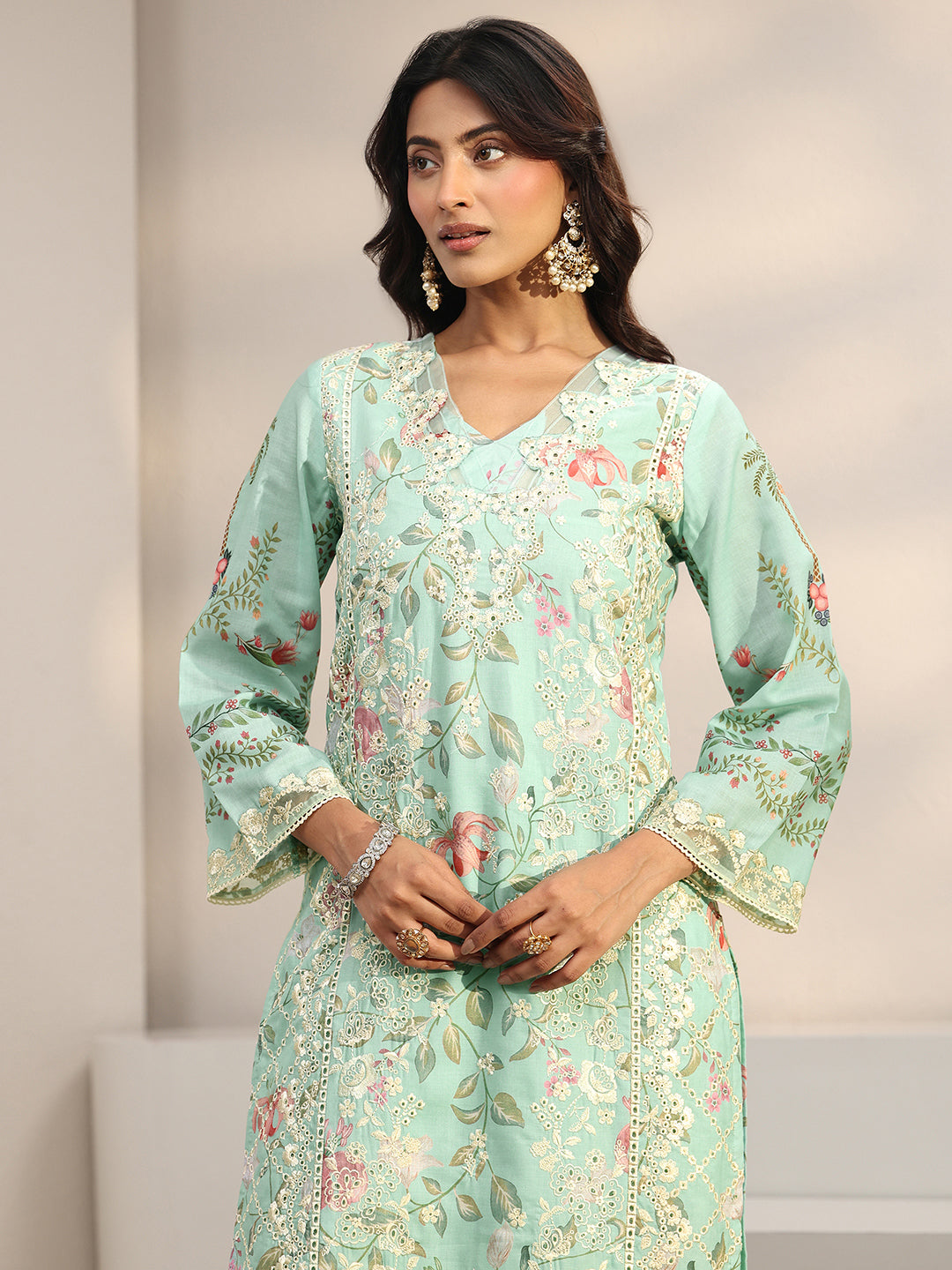  Green Floral Embroidered Cotton Blend Straight Suit Set With Dupatta 