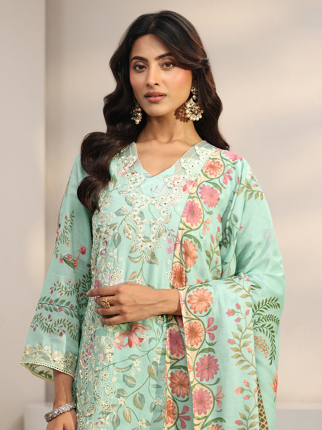  Green Floral Embroidered Cotton Blend Straight Suit Set With Dupatta 