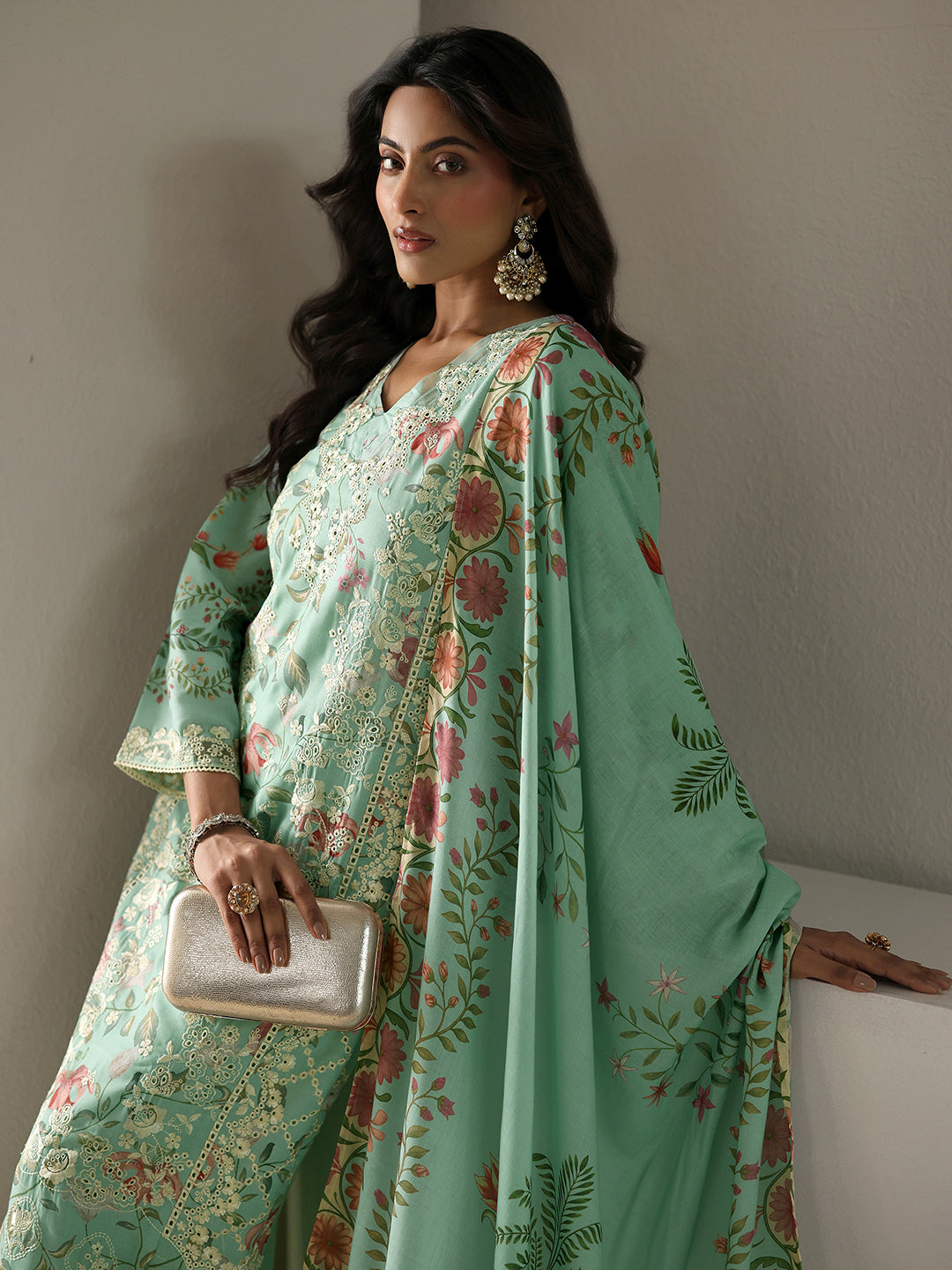  Green Floral Embroidered Cotton Blend Straight Suit Set With Dupatta 