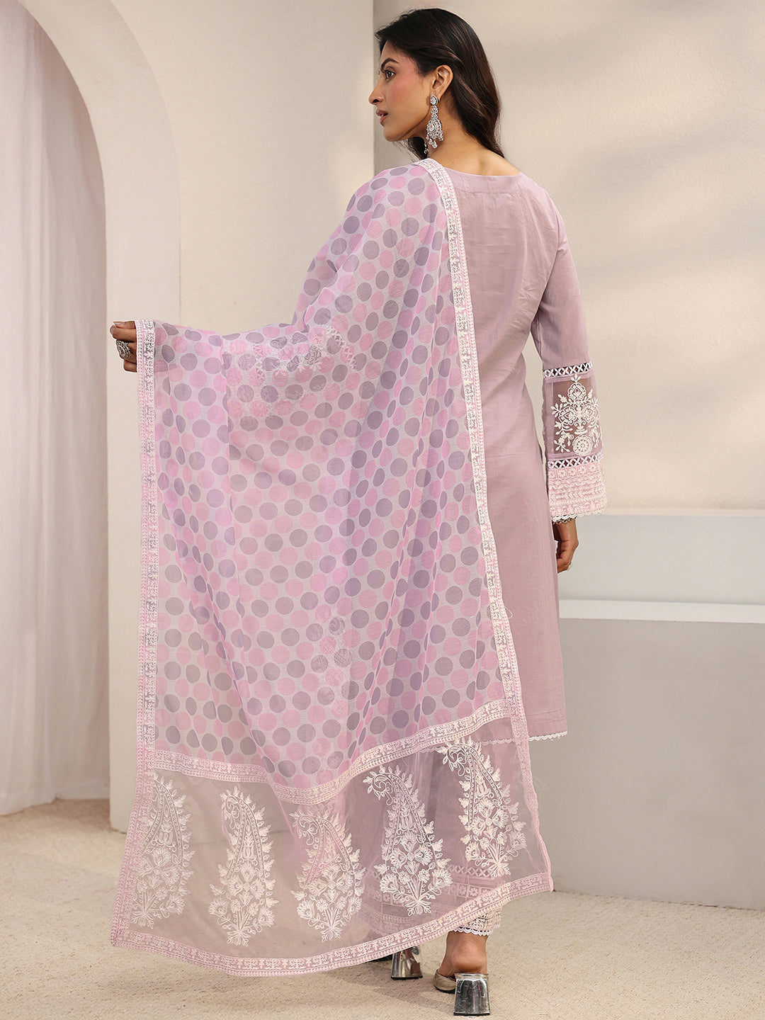  Lavender Ethnic Embroidered Cotton Straight Suit Set With Dupatta 