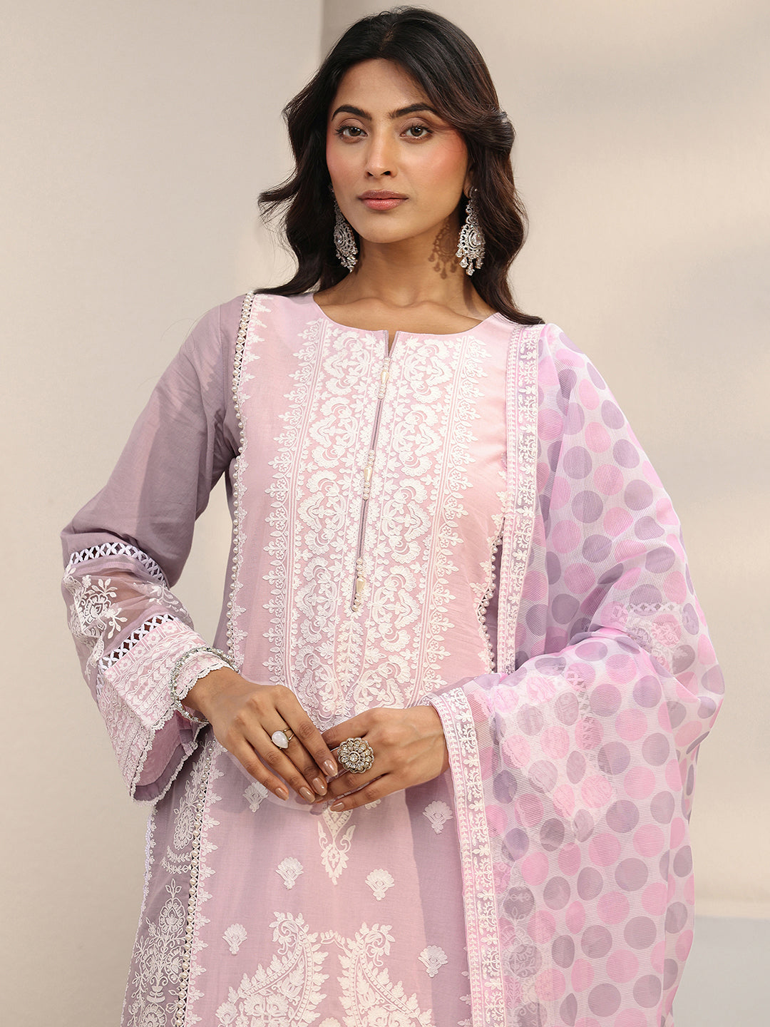  Lavender Ethnic Embroidered Cotton Straight Suit Set With Dupatta 
