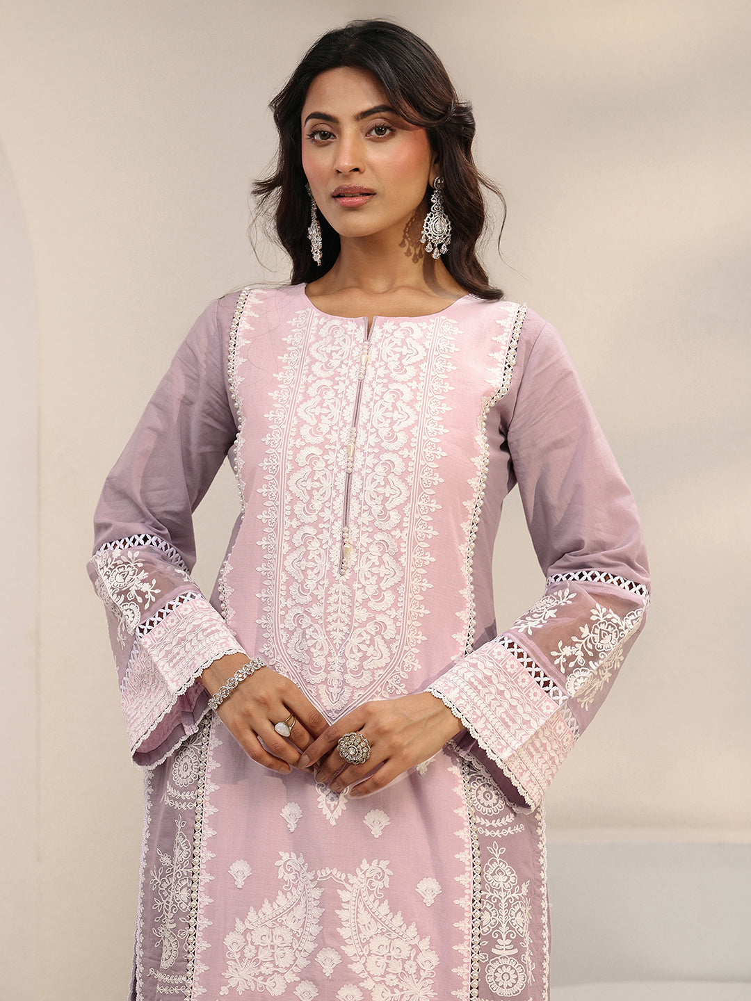  Lavender Ethnic Embroidered Cotton Straight Suit Set With Dupatta 