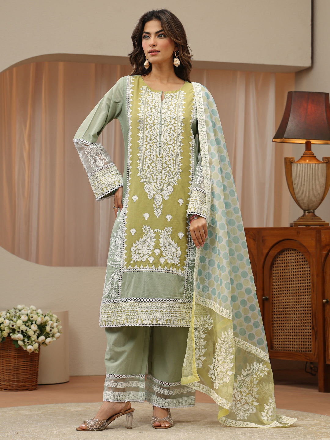  Pastel Green Floral Embroidered Cotton Straight Suit Set 