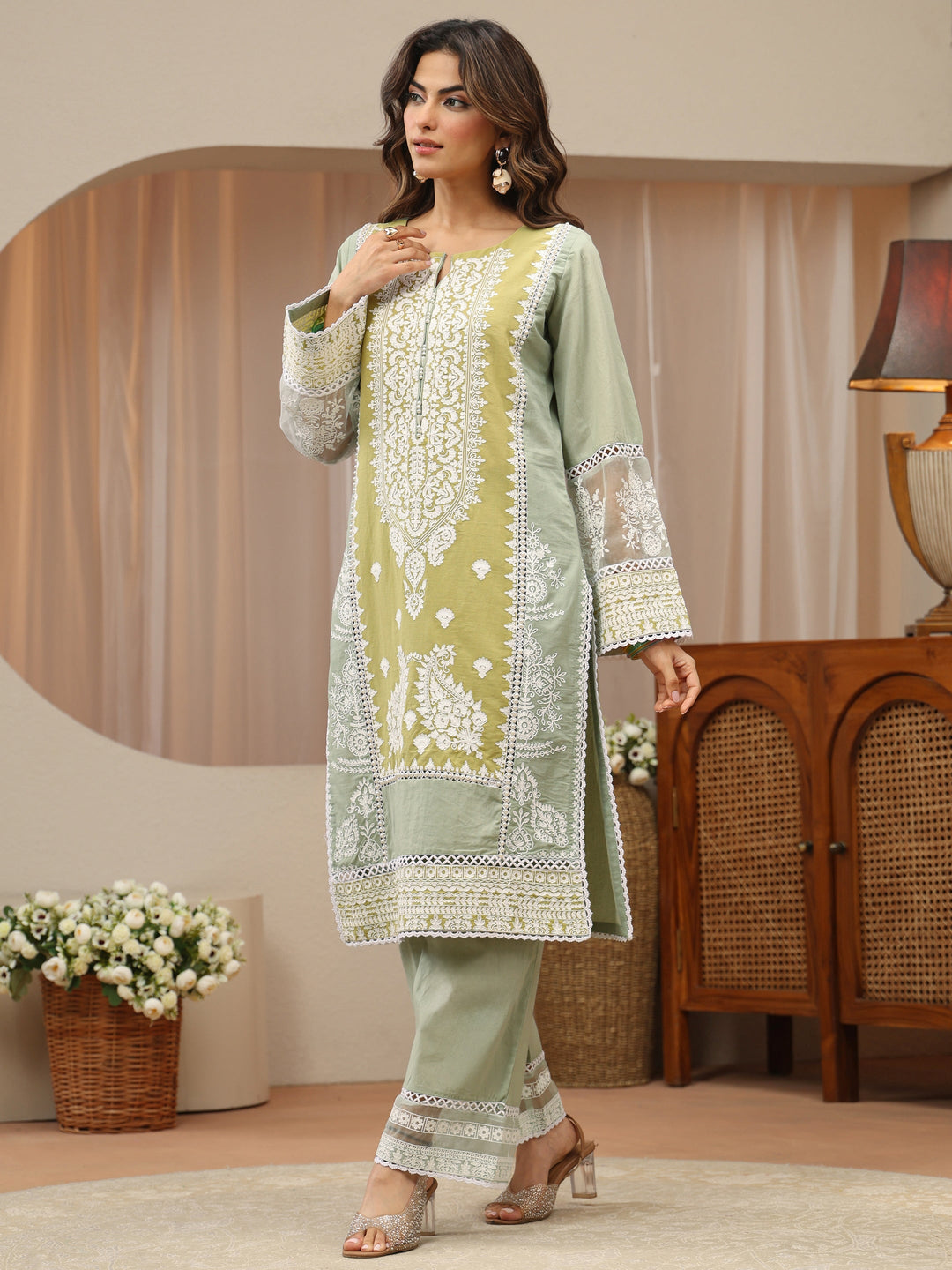  Pastel Green Floral Embroidered Cotton Straight Suit Set 