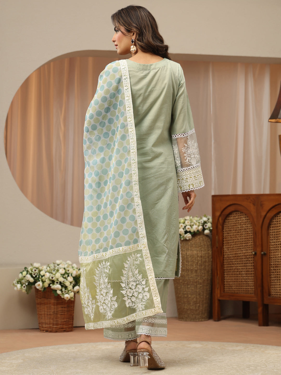  Pastel Green Floral Embroidered Cotton Straight Suit Set 