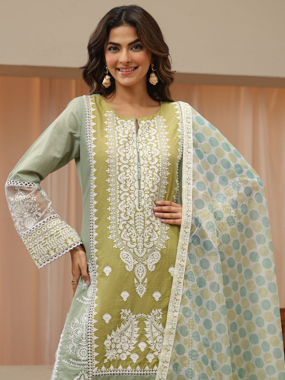  Pastel Green Floral Embroidered Cotton Straight Suit Set 
