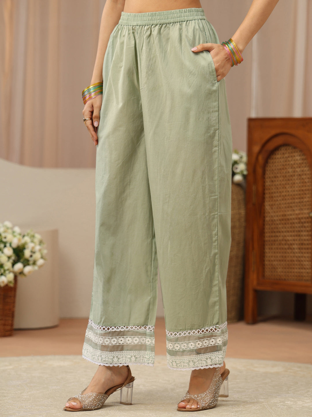  Pastel Green Floral Embroidered Cotton Straight Suit Set 