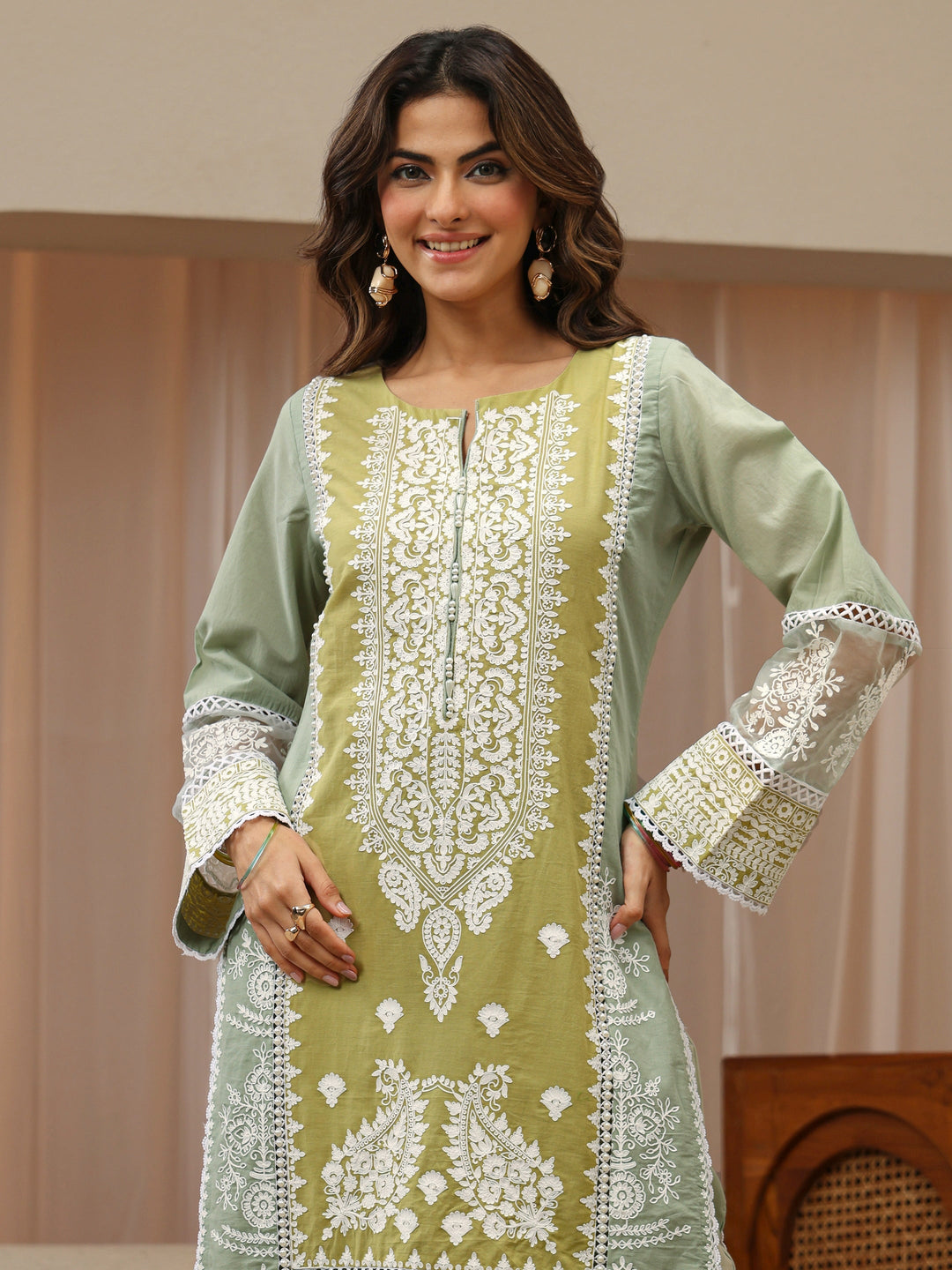  Pastel Green Floral Embroidered Cotton Straight Suit Set 
