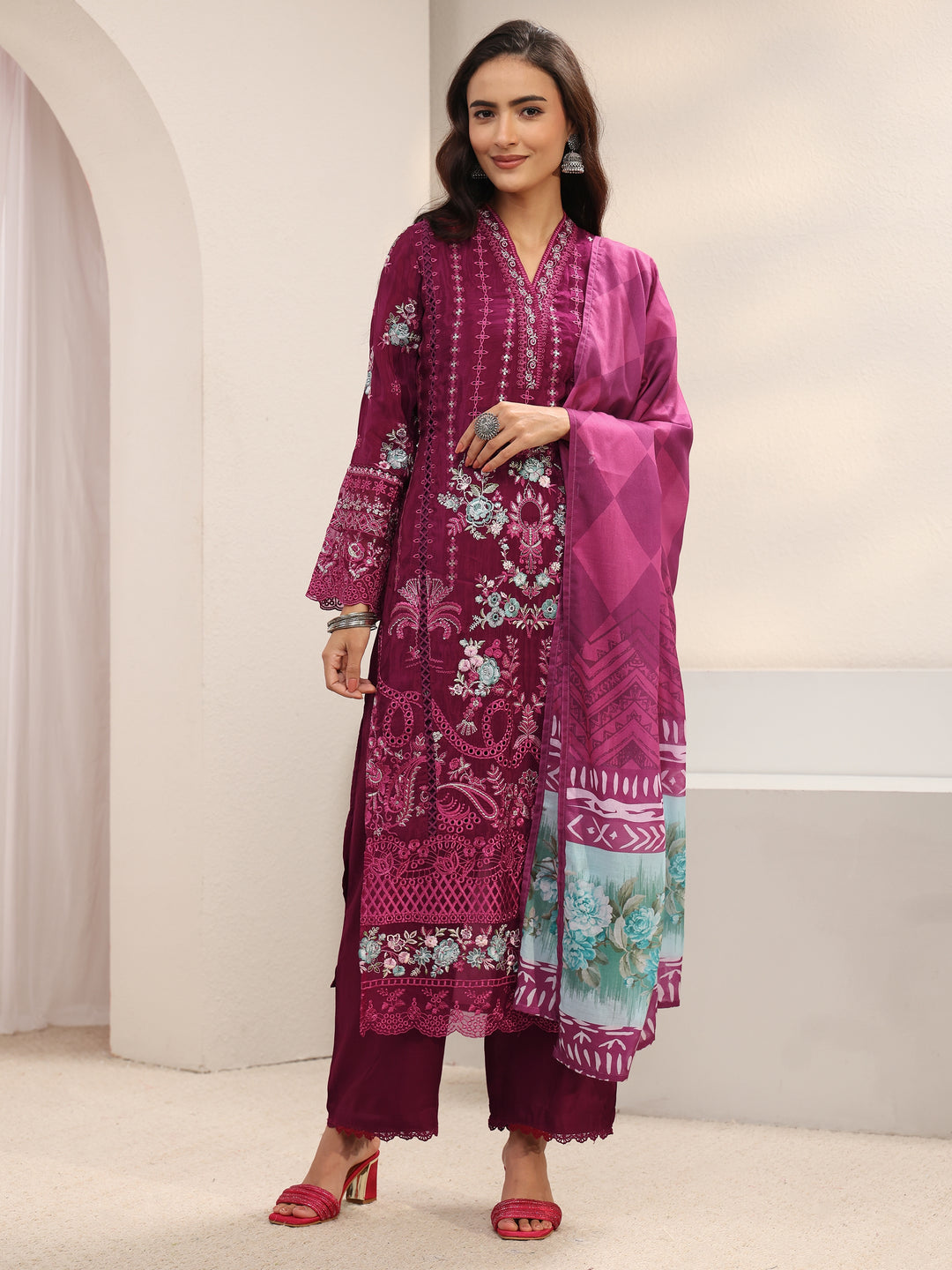  Maroon Ethnic Embroidered Silk Blend Straight Suit Set With Dupatta 