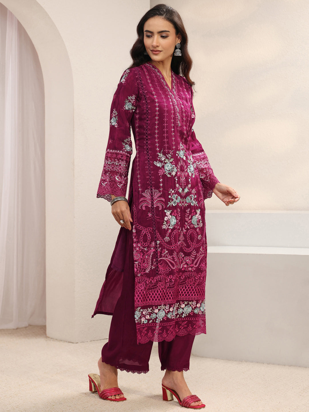  Maroon Ethnic Embroidered Silk Blend Straight Suit Set With Dupatta 