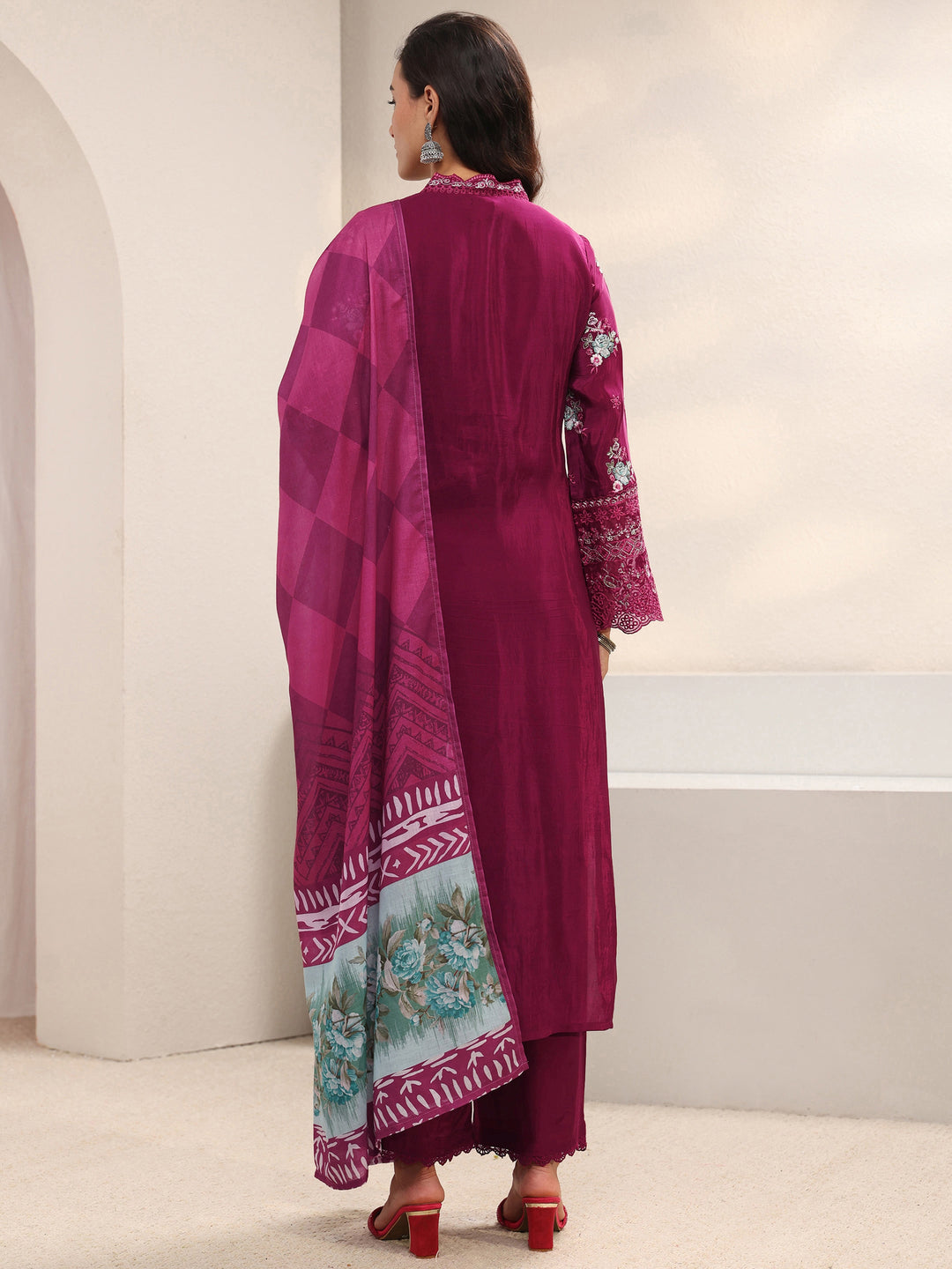  Maroon Ethnic Embroidered Silk Blend Straight Suit Set With Dupatta 