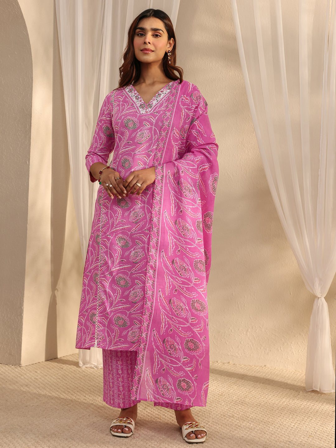 Pink 1679 Buy Pink Floral Printed Cotton A-Line Suit Set With Dupatta Online at ...