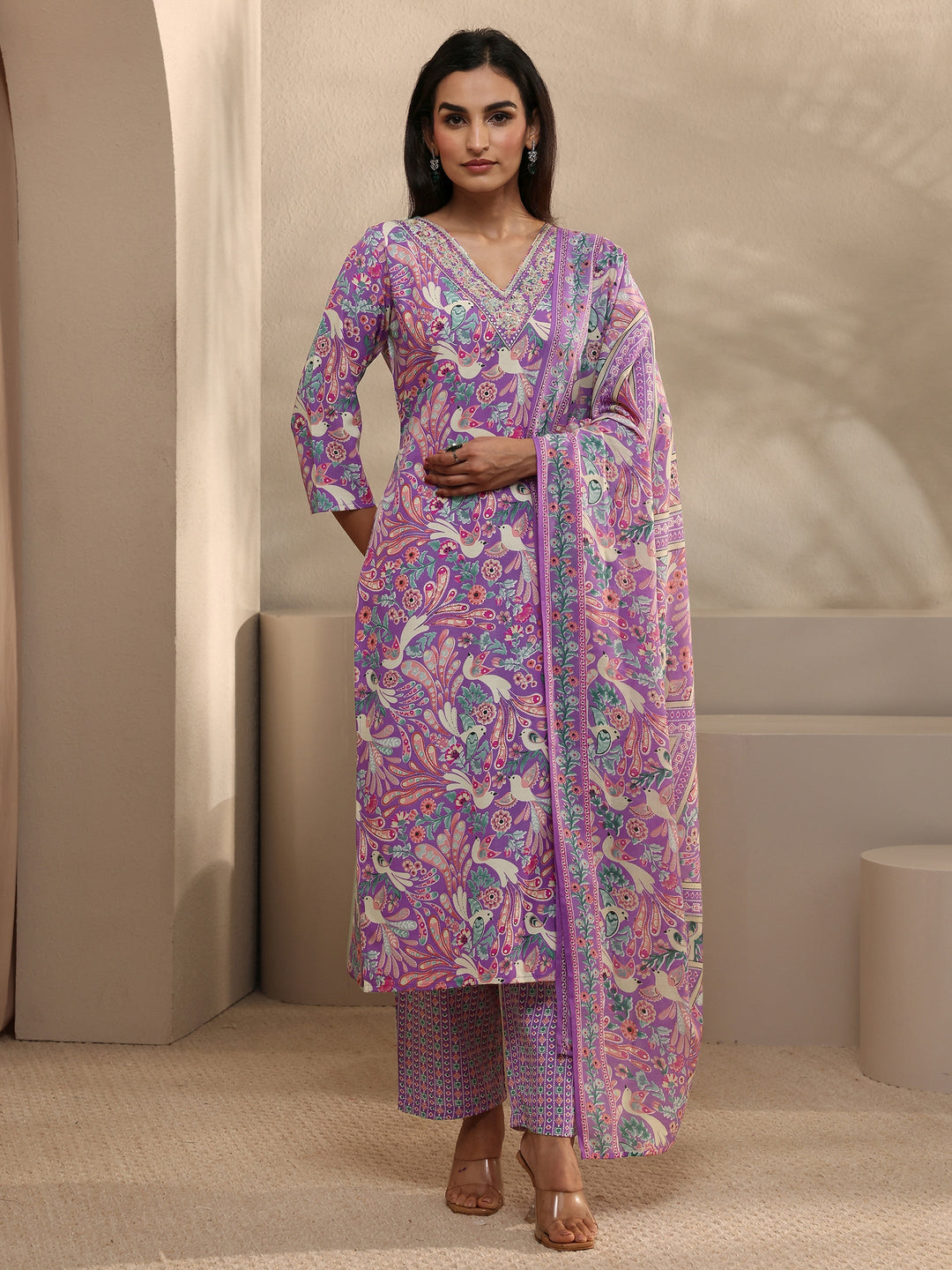  Purple Abstract Printed Cotton Straight Suit Set With Dupatta 