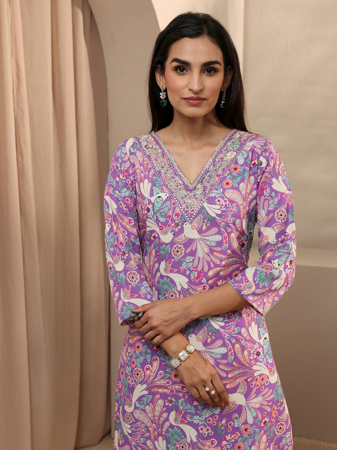  Purple Abstract Printed Cotton Straight Suit Set With Dupatta 