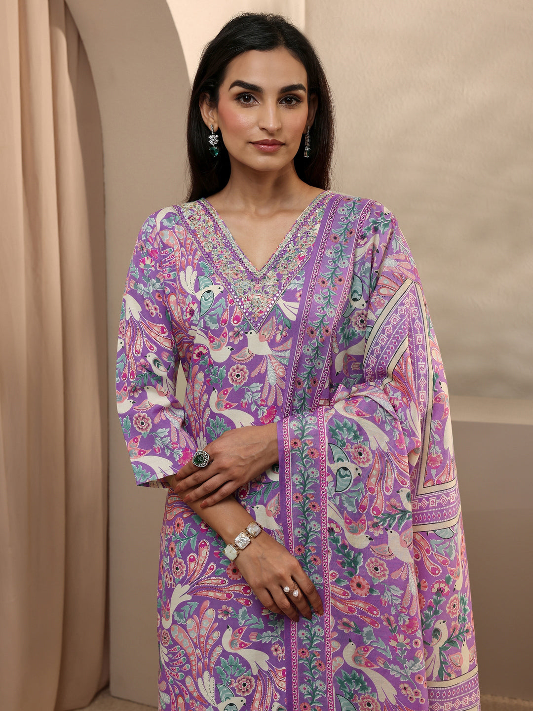  Purple Abstract Printed Cotton Straight Suit Set With Dupatta 