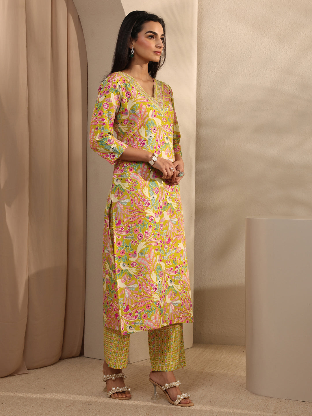  Yellow Abstract Printed Cotton Straight Suit Set With Dupatta 
