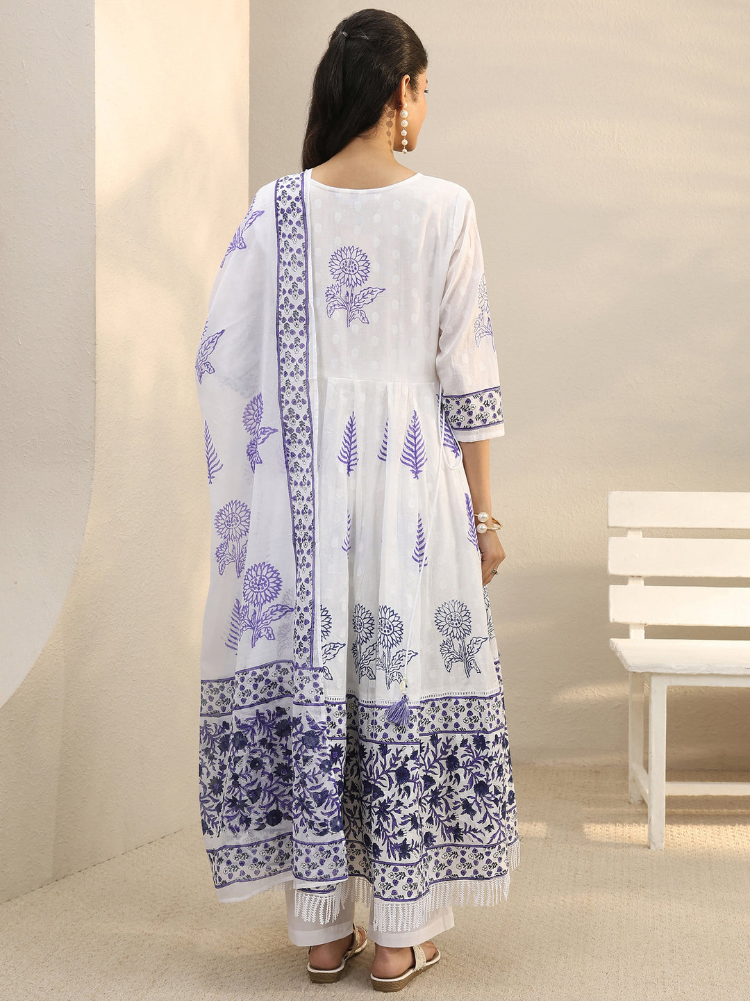  White Floral Printed Cotton Anarkali Suit Set 