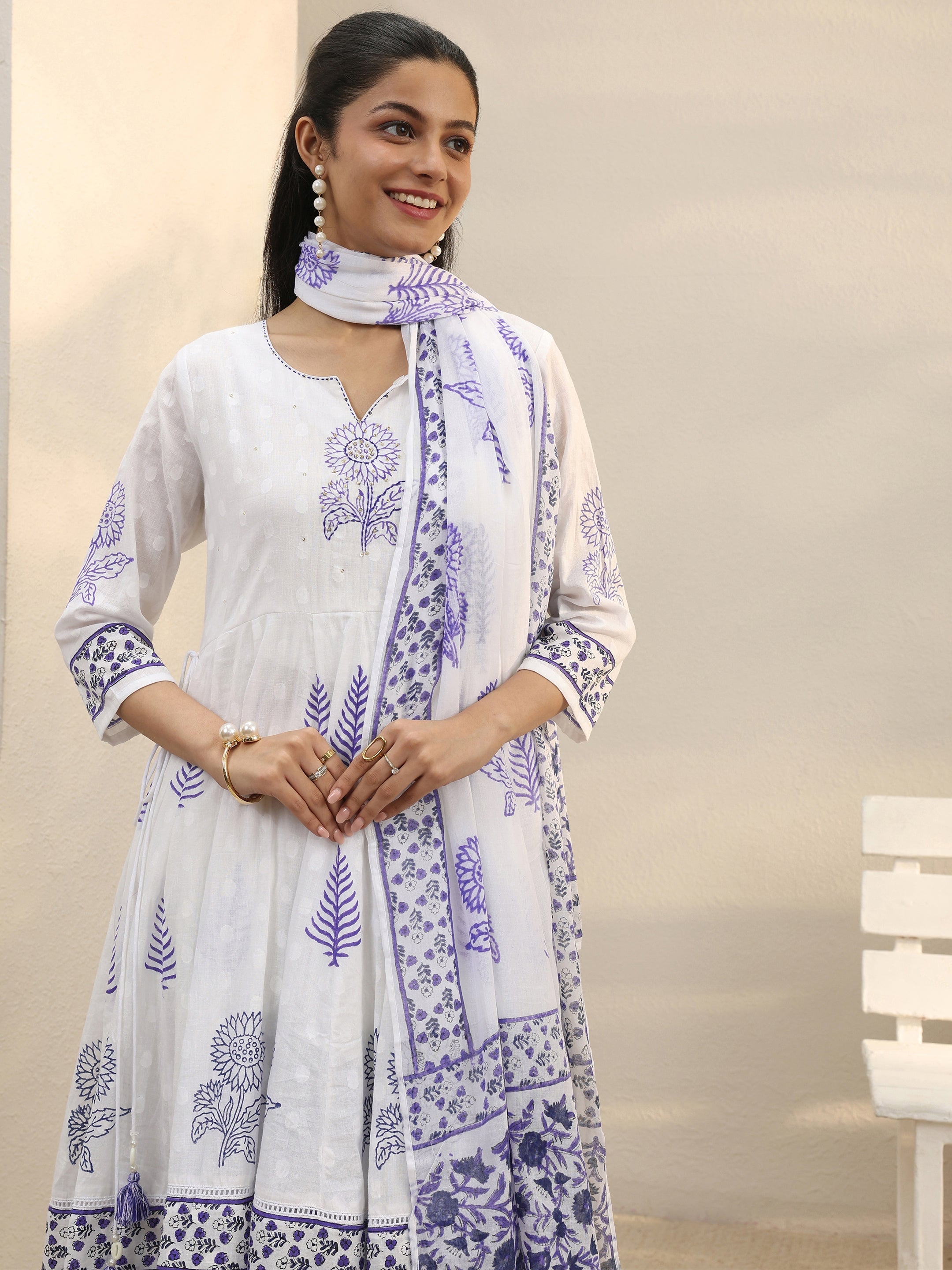 Libas White Floral Printed Cotton Anarkali Suit Set-picture-30