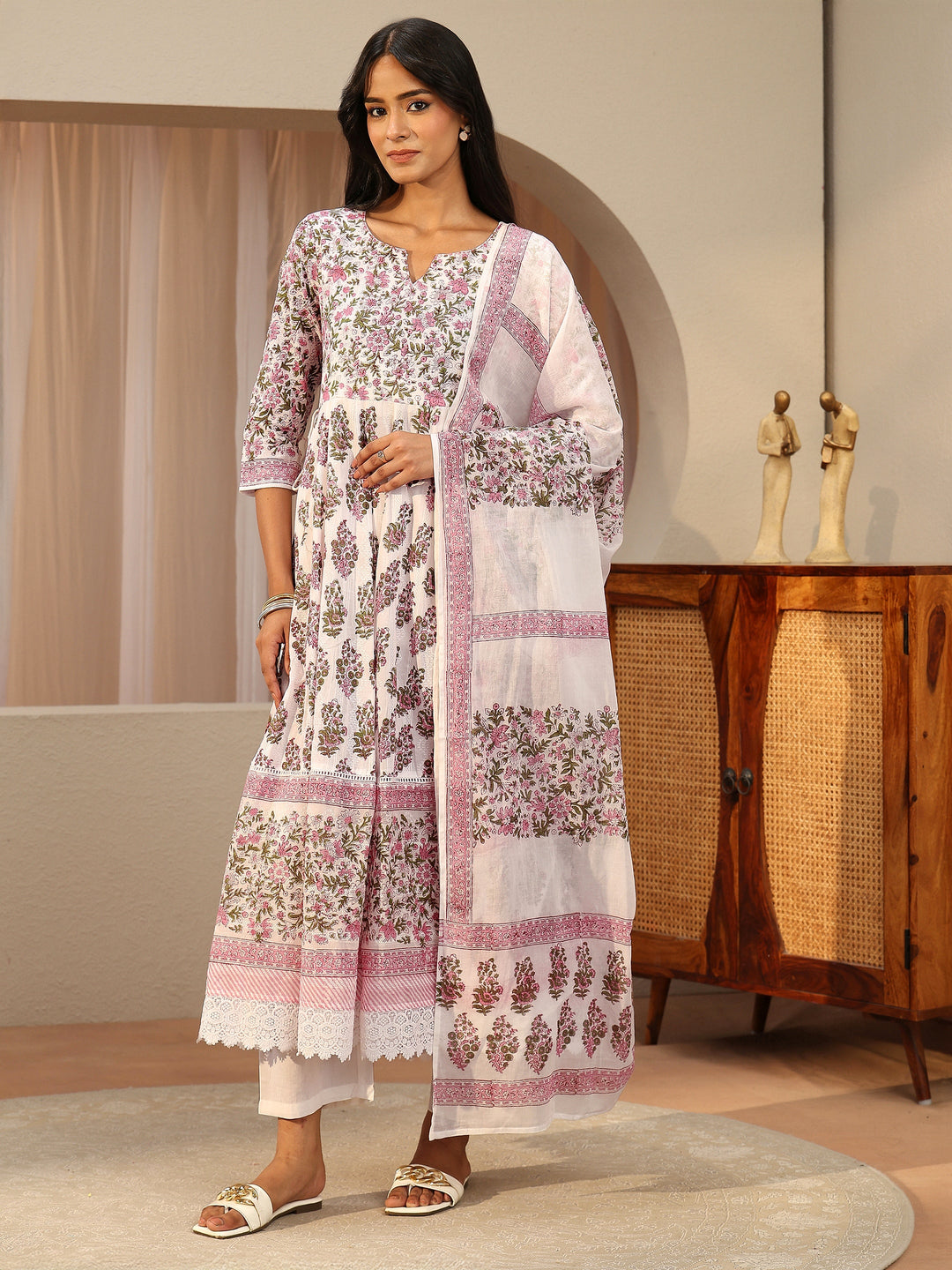 White Floral Printed Cotton Anarkali Suit Set 