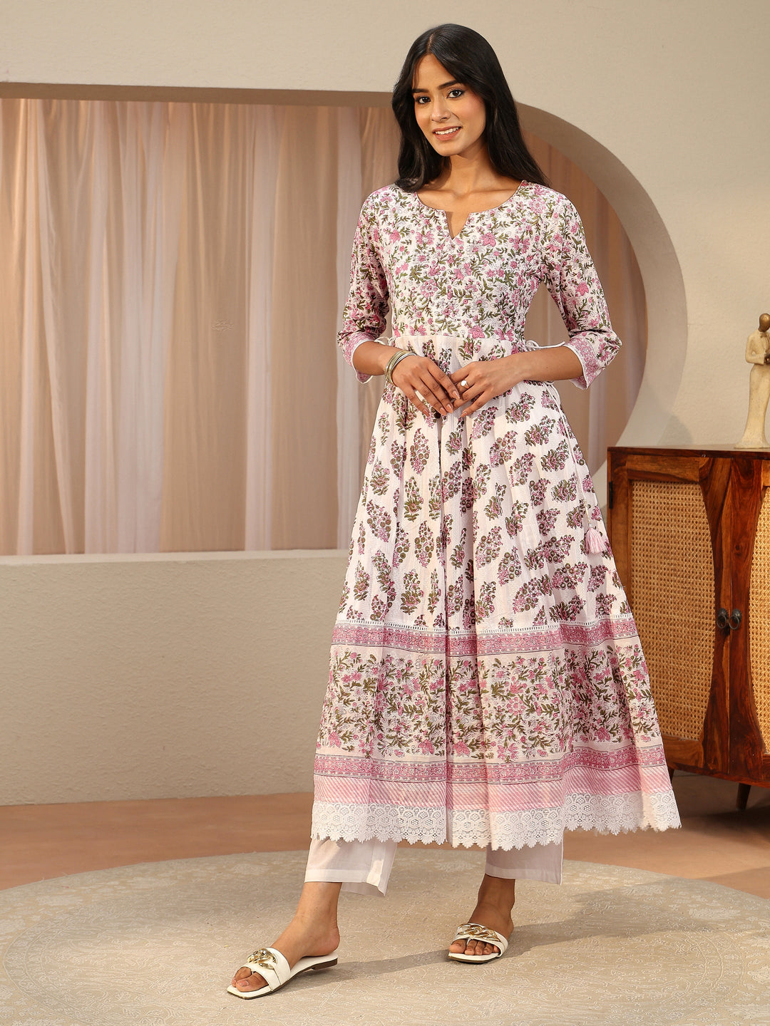  White Floral Printed Cotton Anarkali Suit Set 
