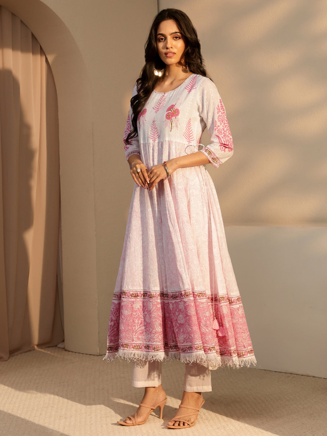  White Floral Printed Cotton Anarkali Suit Set 