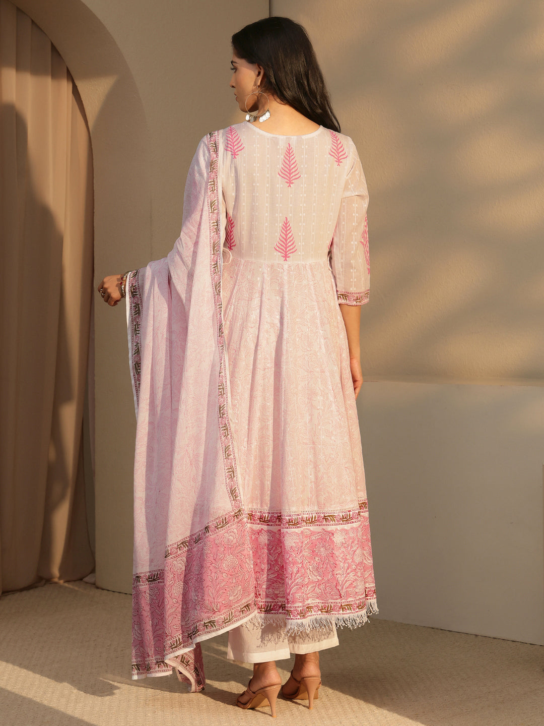  White Floral Printed Cotton Anarkali Suit Set 