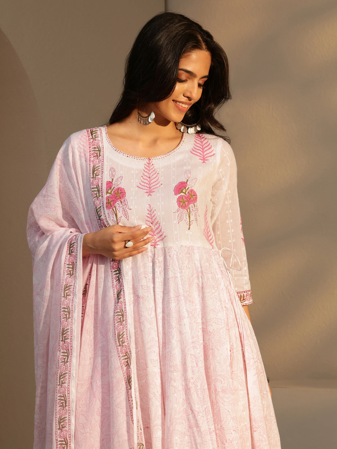  White Floral Printed Cotton Anarkali Suit Set 