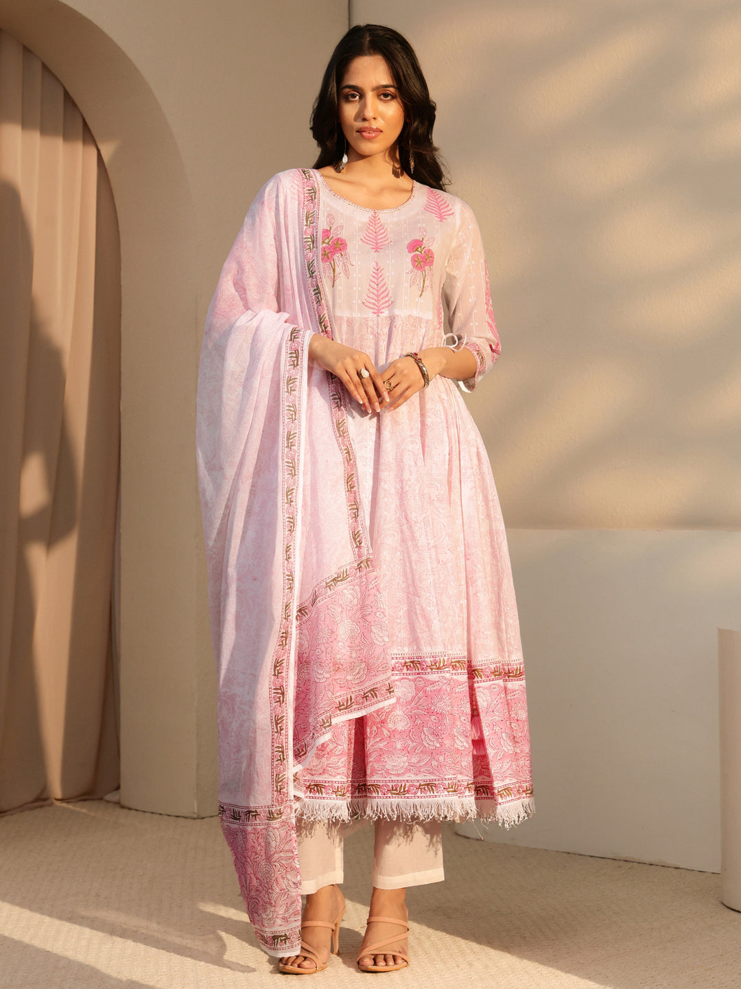  White Floral Printed Cotton Anarkali Suit Set 