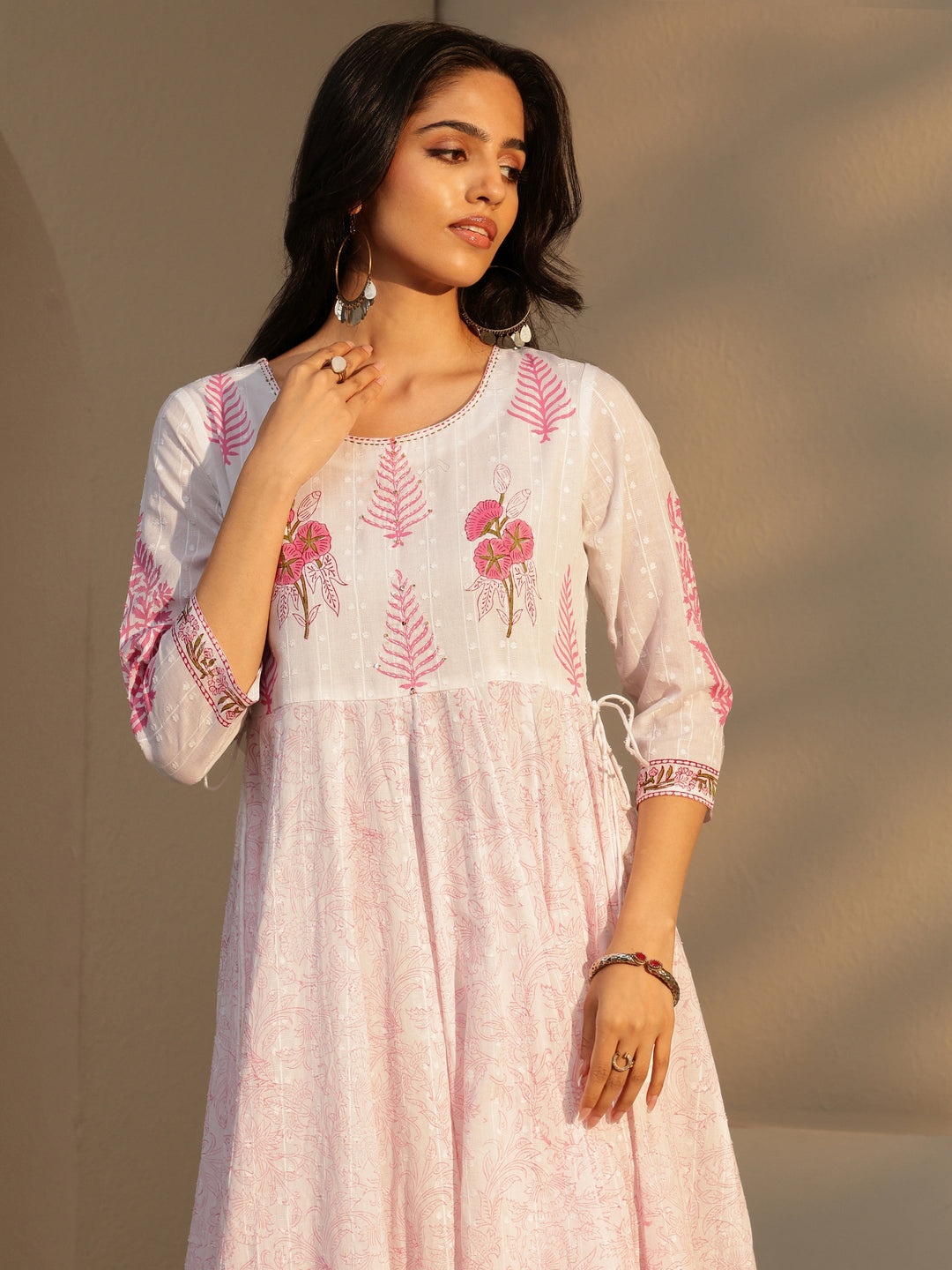  White Floral Printed Cotton Anarkali Suit Set 