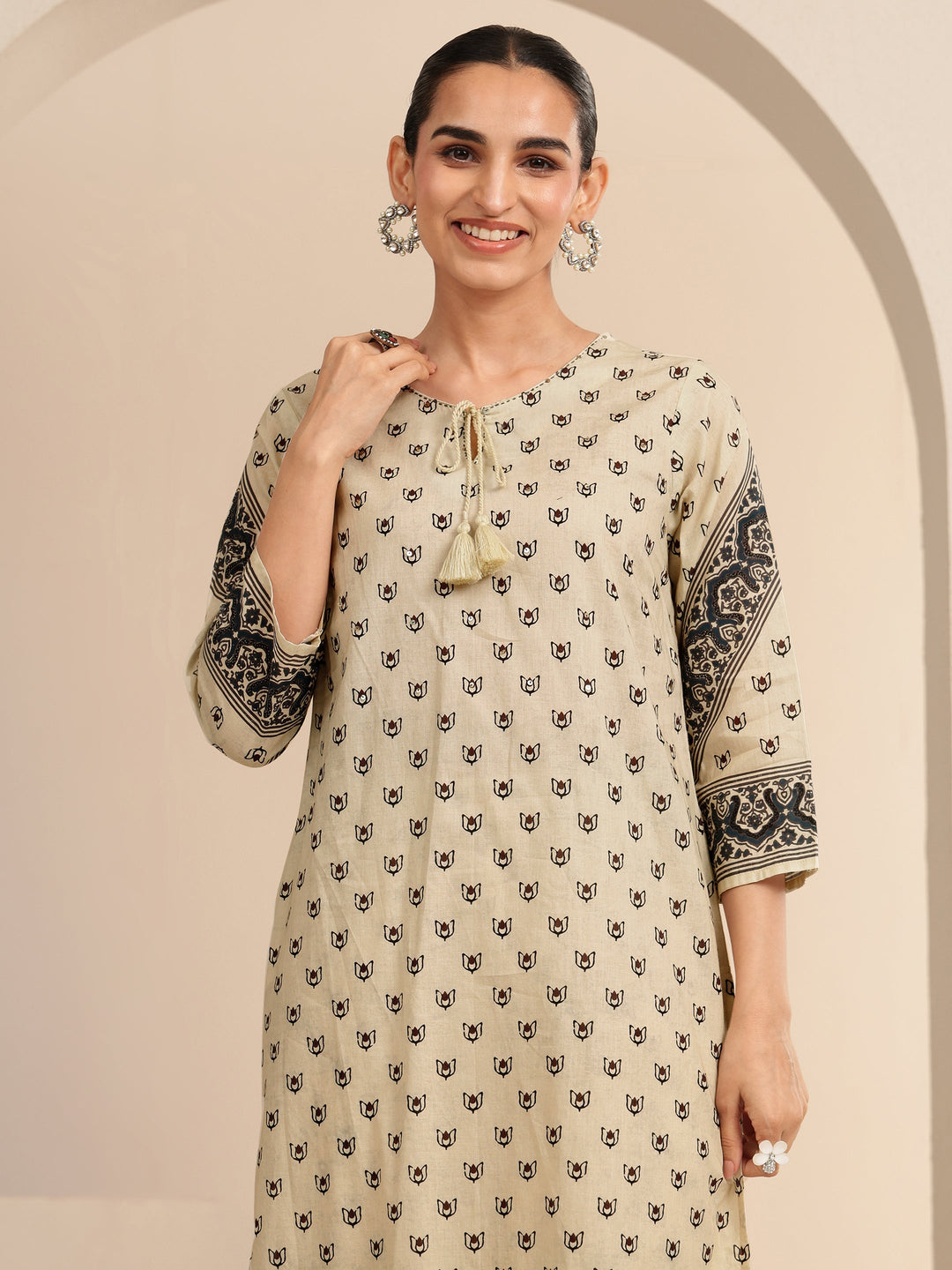  Cream Ethnic Printed Cotton Straight Suit Set 
