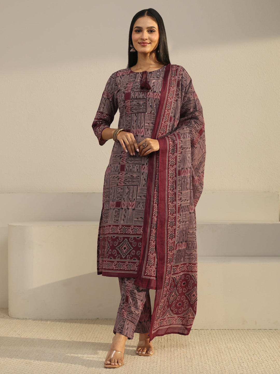  Libas Rust Brown Ajrakh Printed Cotton Straight Suit Set 