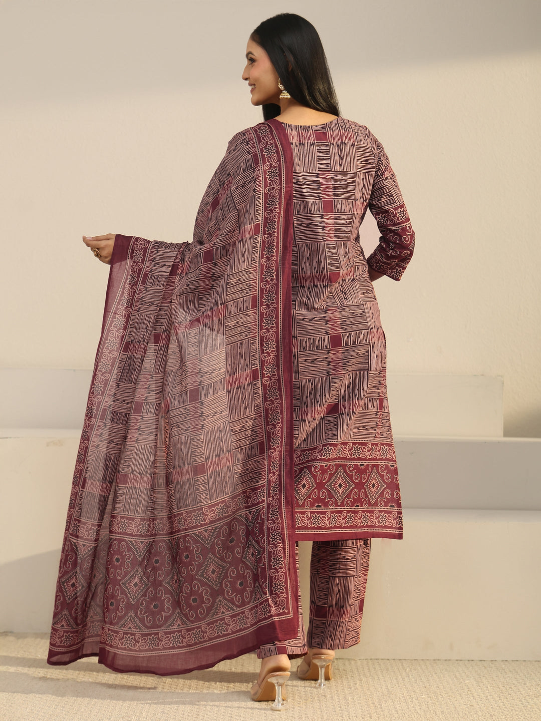  Libas Rust Brown Ajrakh Printed Cotton Straight Suit Set 