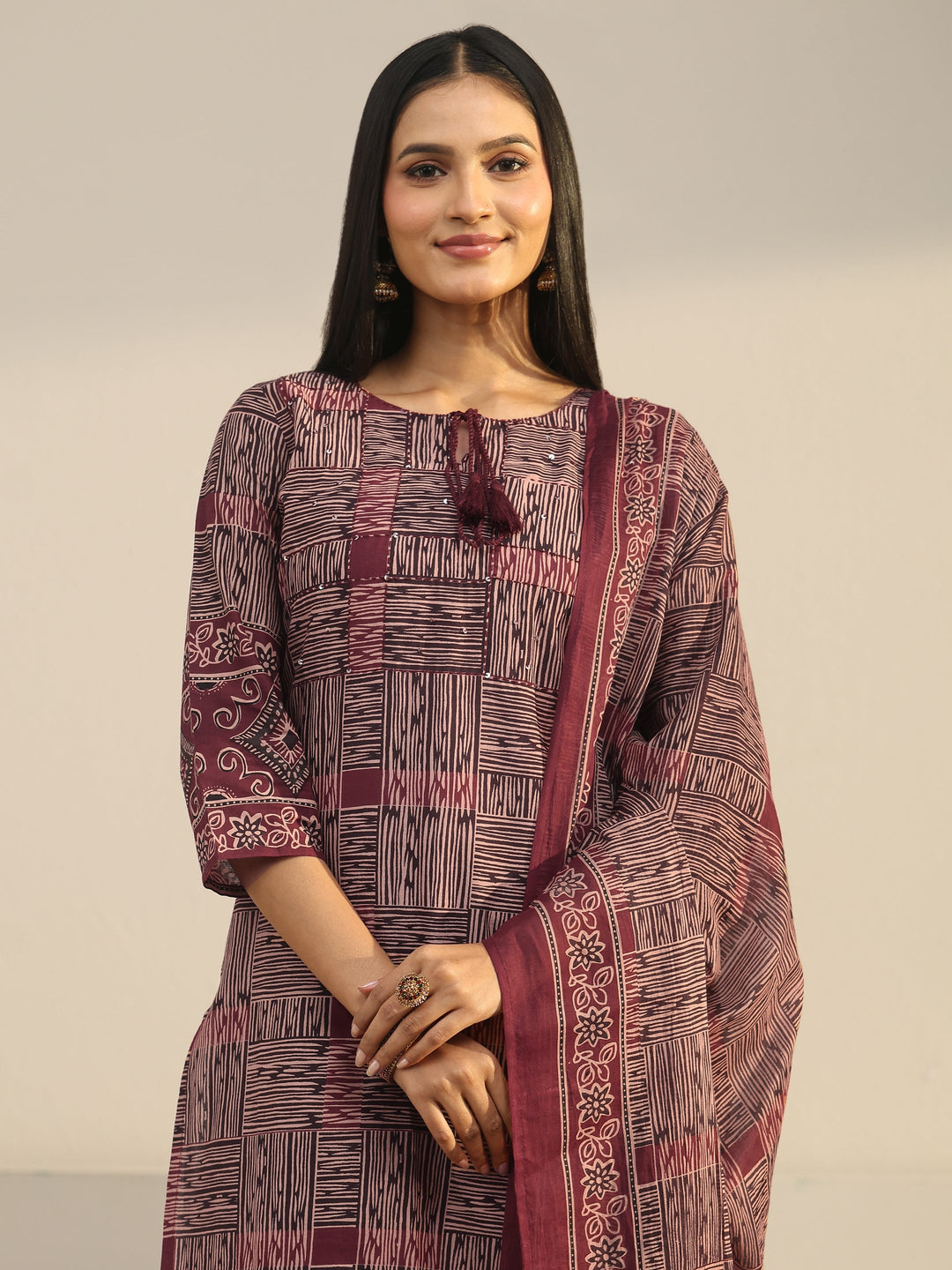  Libas Rust Brown Ajrakh Printed Cotton Straight Suit Set 