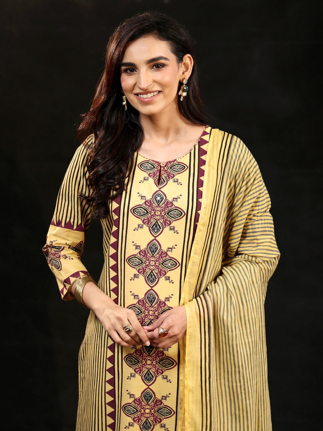  Libas Yellow Ajrakh Printed Cotton Straight Suit Set 