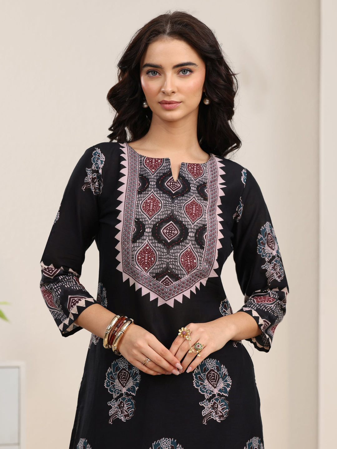  Libas Black Ajrakh Cotton Straight Suit Set 