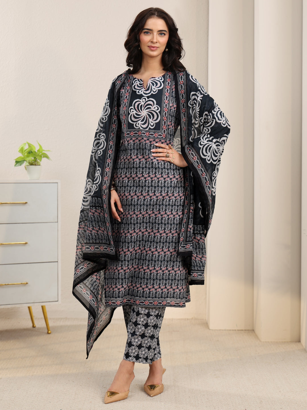  Libas Dark Grey Dabu Print Cotton Straight Suit Set 