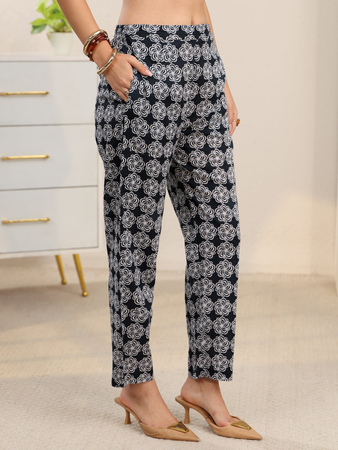  Libas Dark Grey Dabu Print Cotton Straight Suit Set 