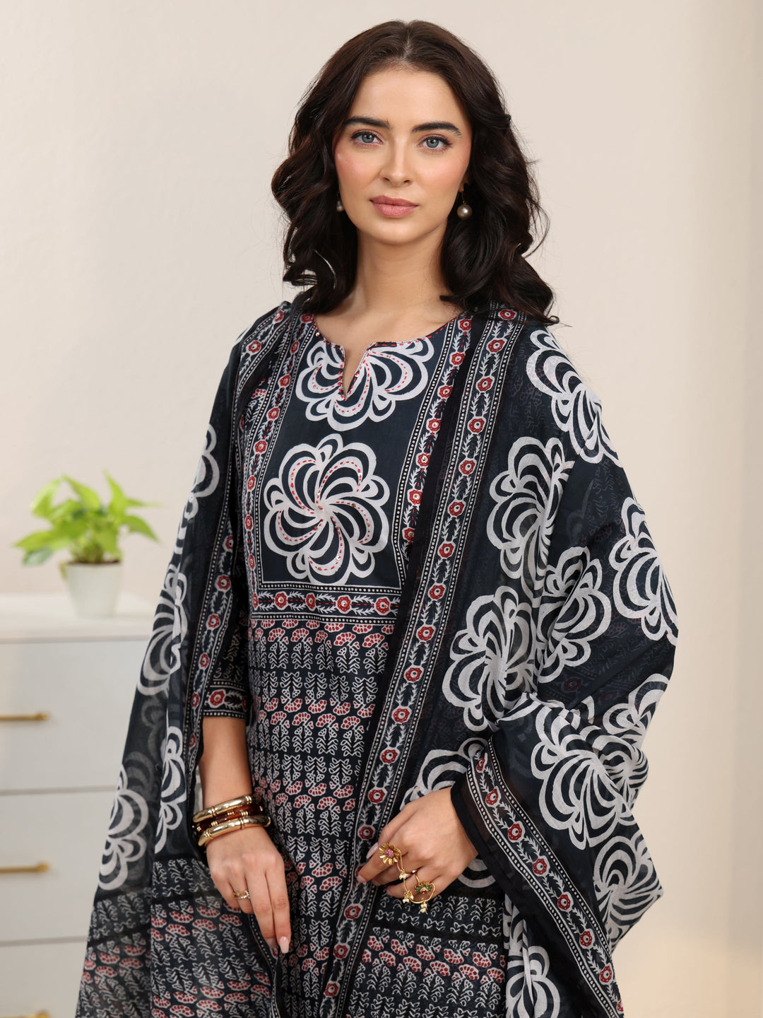  Libas Dark Grey Dabu Print Cotton Straight Suit Set 