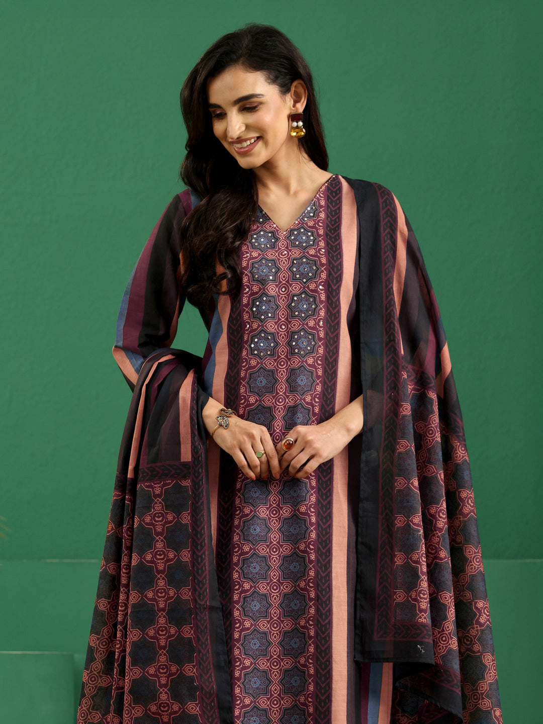  Libas Multi Colour Ajrakh Cotton Straight Suit Set 