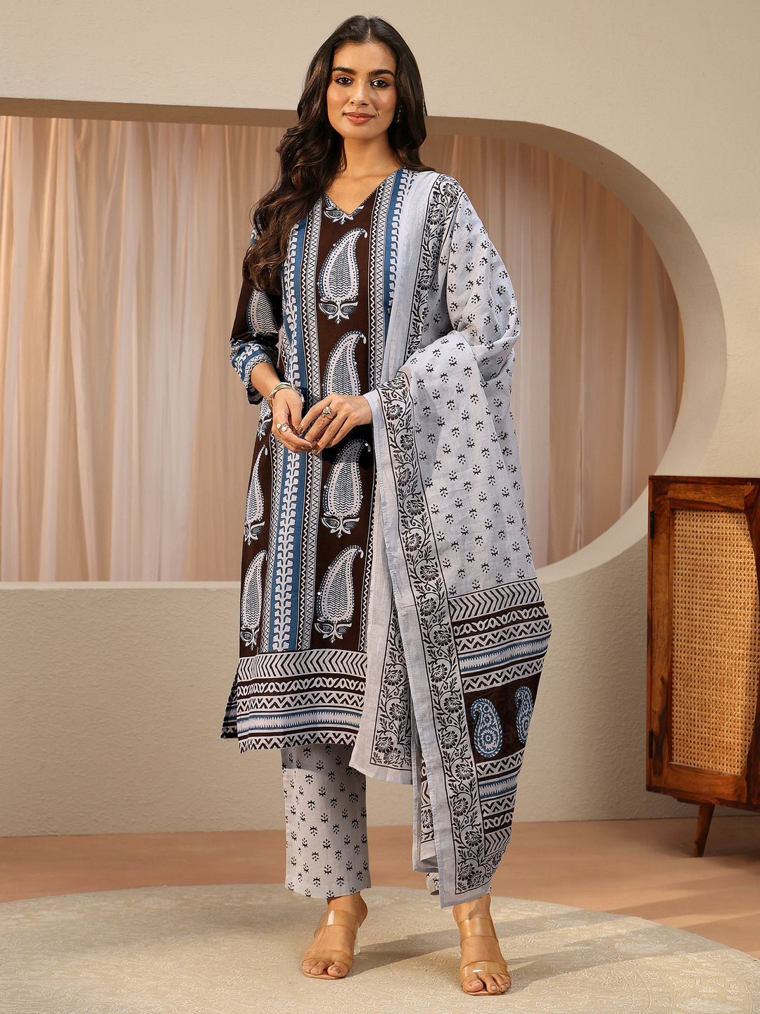  Brown Ajrakh Printed Cotton Straight Suit Set 